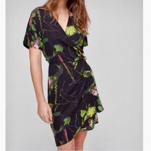BABATON Aritzia Navy Blue Floral Flower Print Tie Belted Mini Wrap Dress XXS